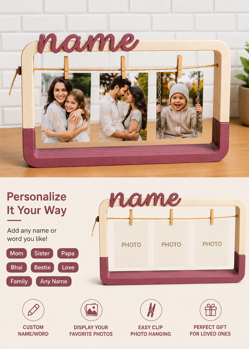 Layers Monk | Modern Personalized Photo Display Frame with Custom Name | 3D Printed Memory Photo Holder