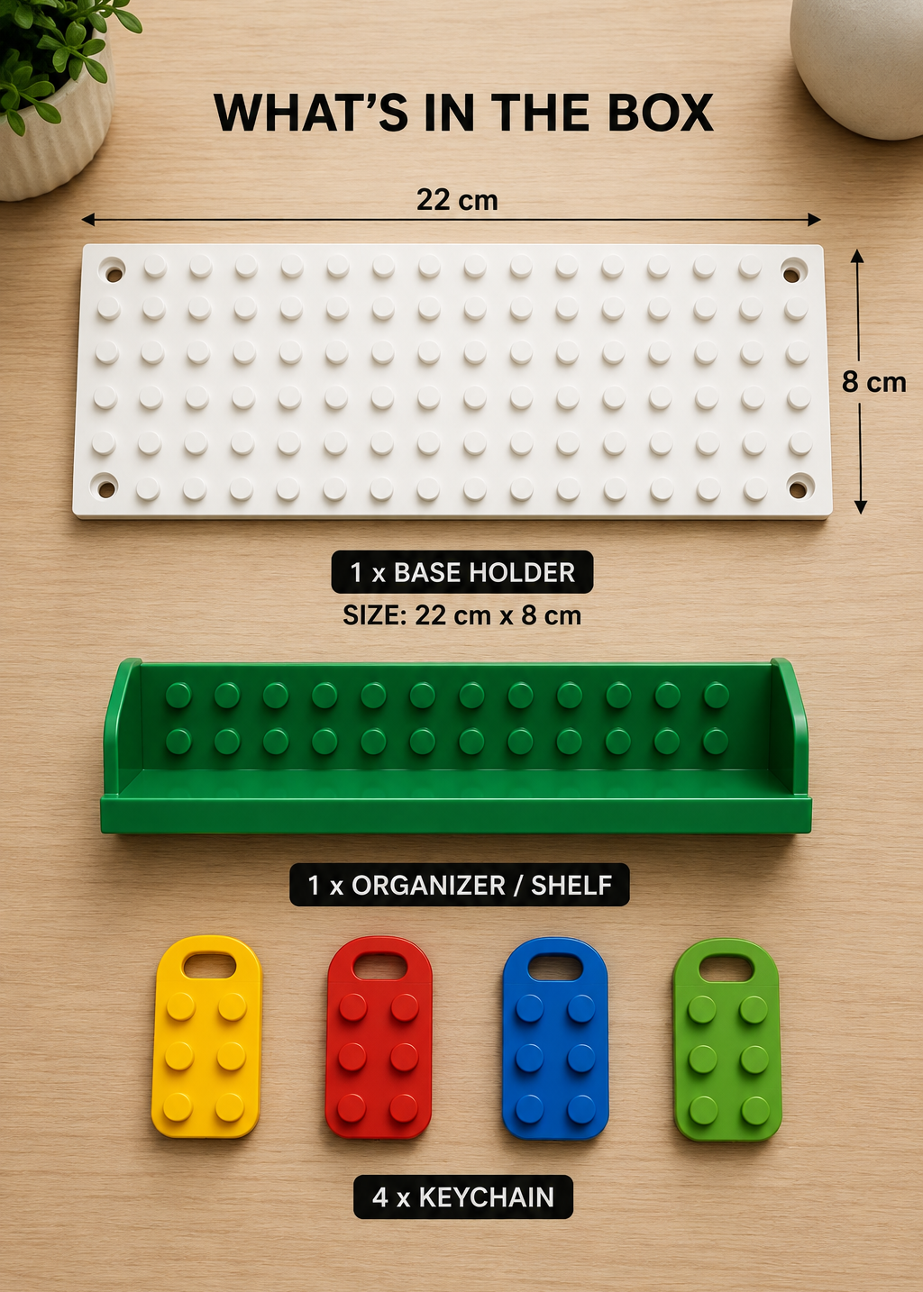 Layers Monk | Lego Style Wall Key Holder with Shelf & 4 Keychains | 3D Printed Key Organizer