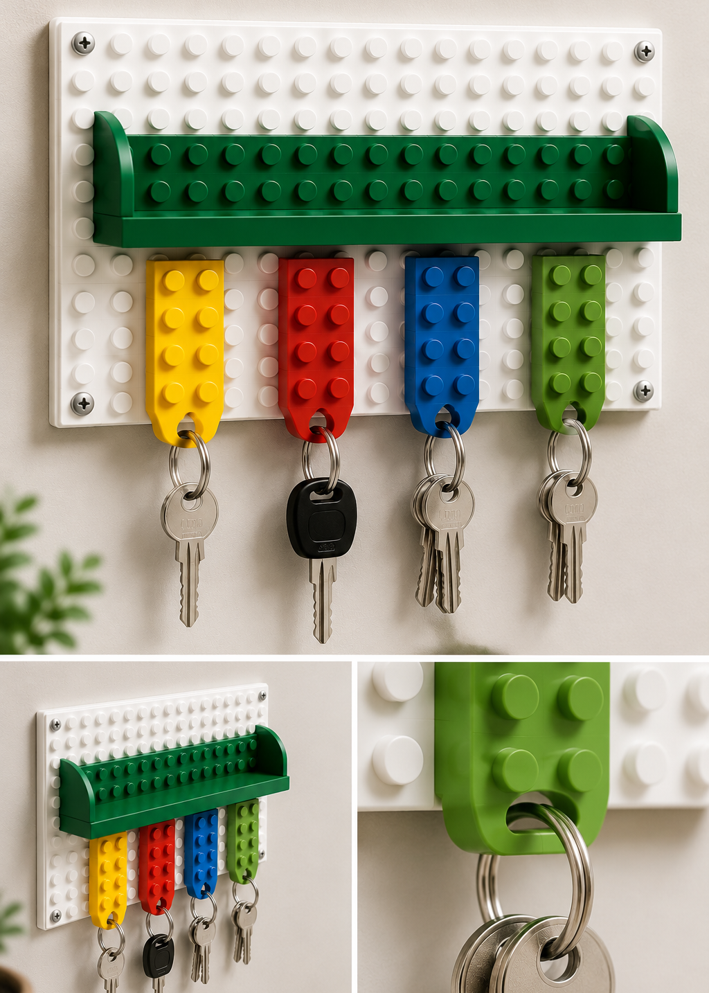 Layers Monk | Lego Style Wall Key Holder with Shelf & 4 Keychains | 3D Printed Key Organizer