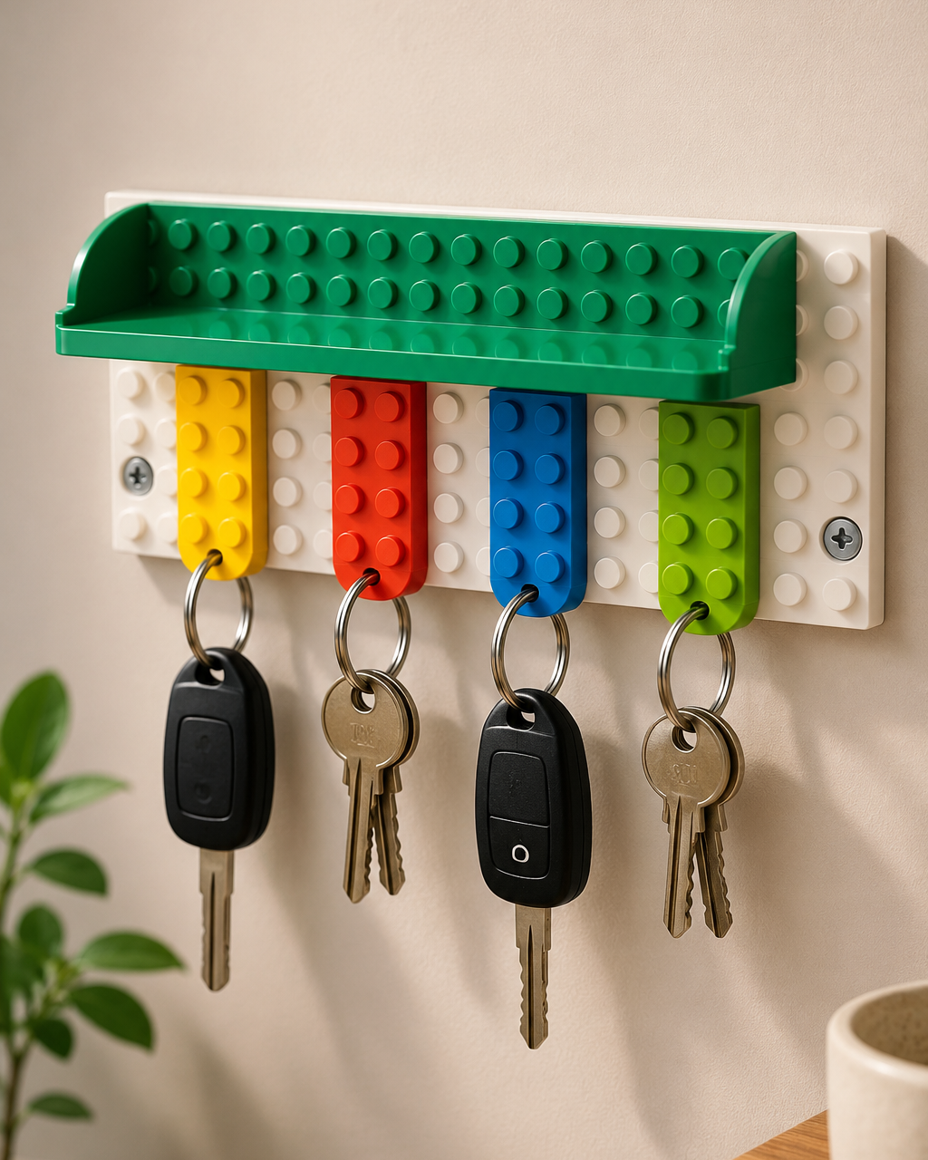 Layers Monk | Lego Style Wall Key Holder with Shelf & 4 Keychains | 3D Printed Key Organizer
