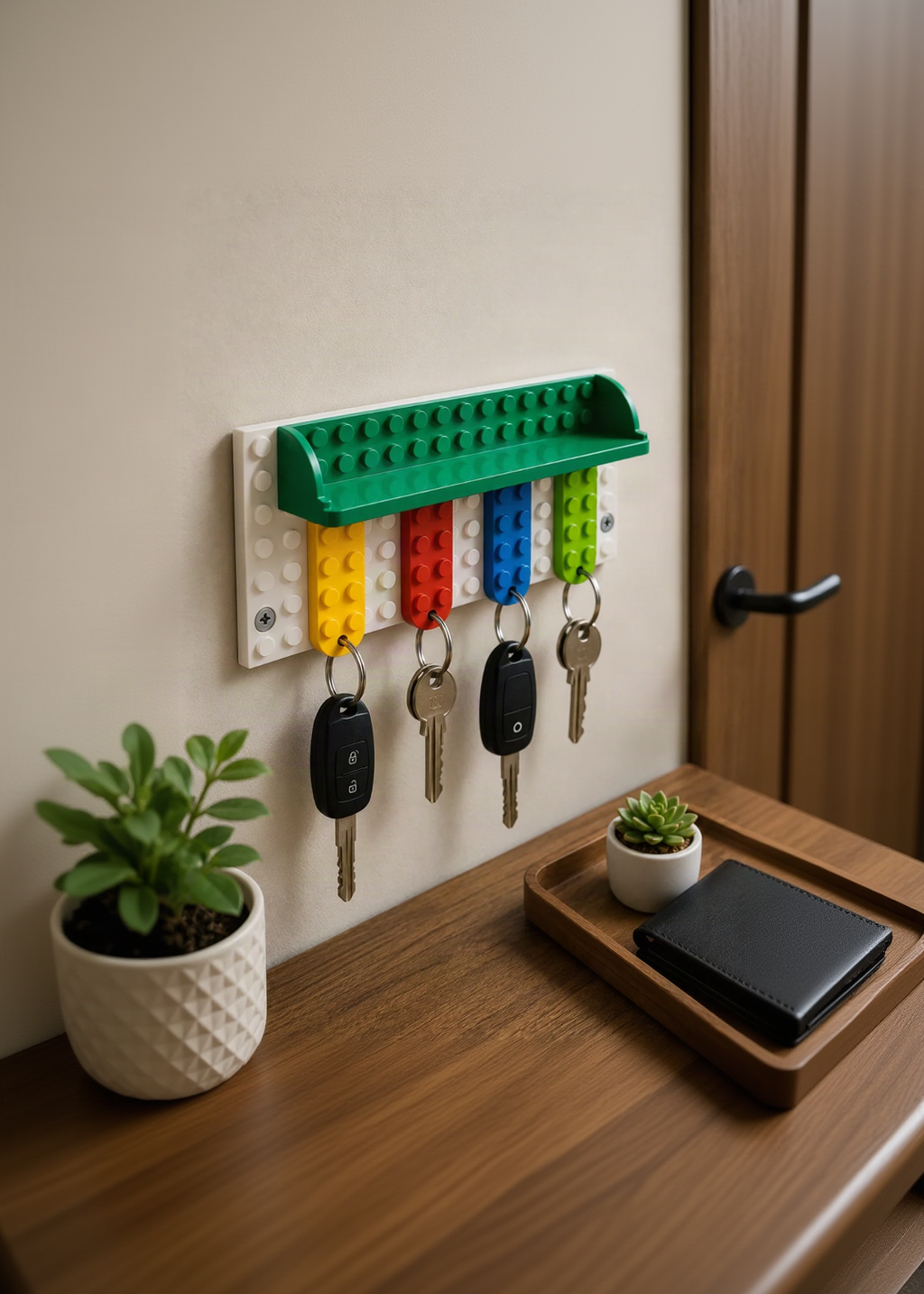 Layers Monk | Lego Style Wall Key Holder with Shelf & 4 Keychains | 3D Printed Key Organizer