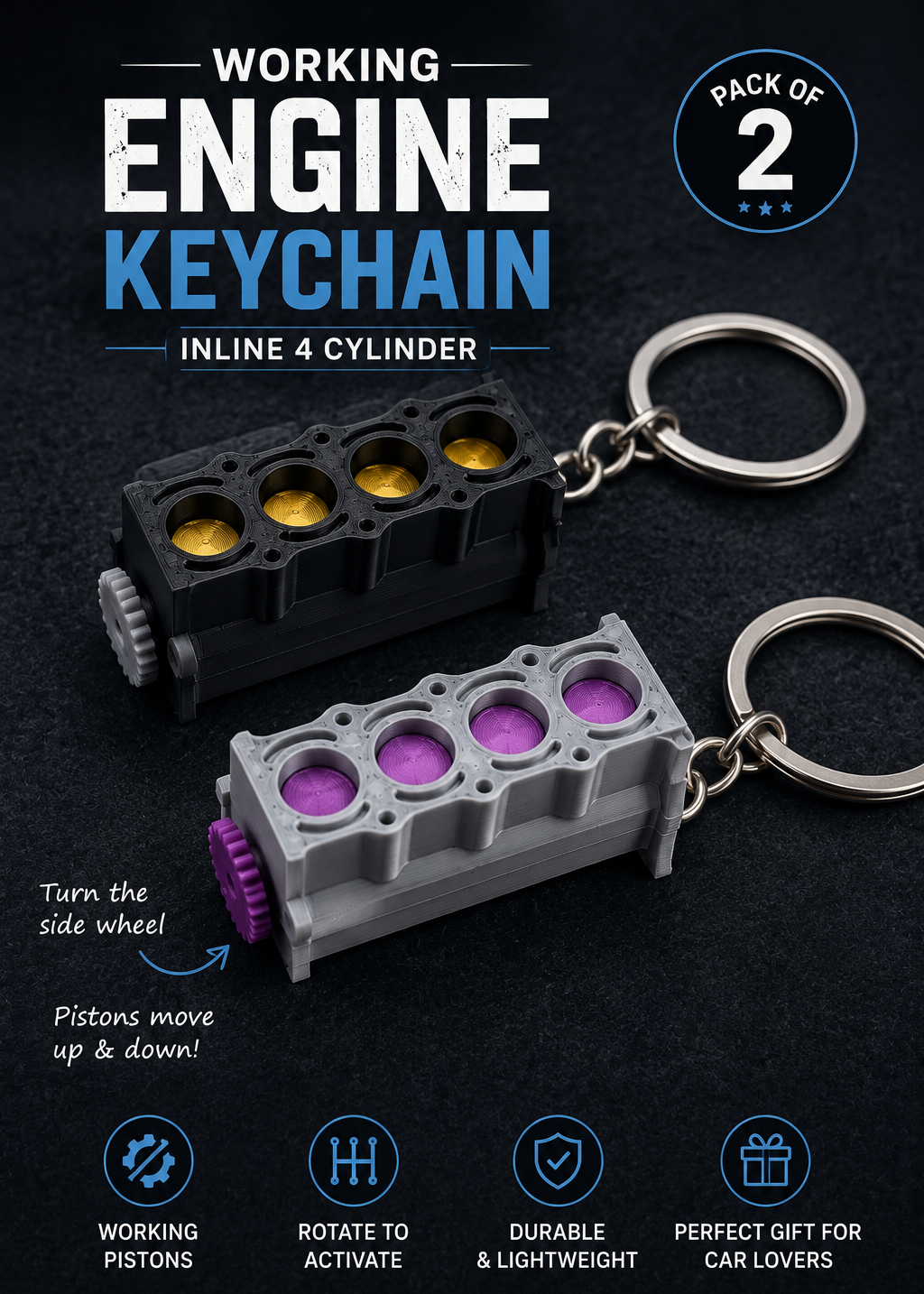 Layers Monk | Working Inline 4 Cylinder Engine Keychain | 3D Printed
