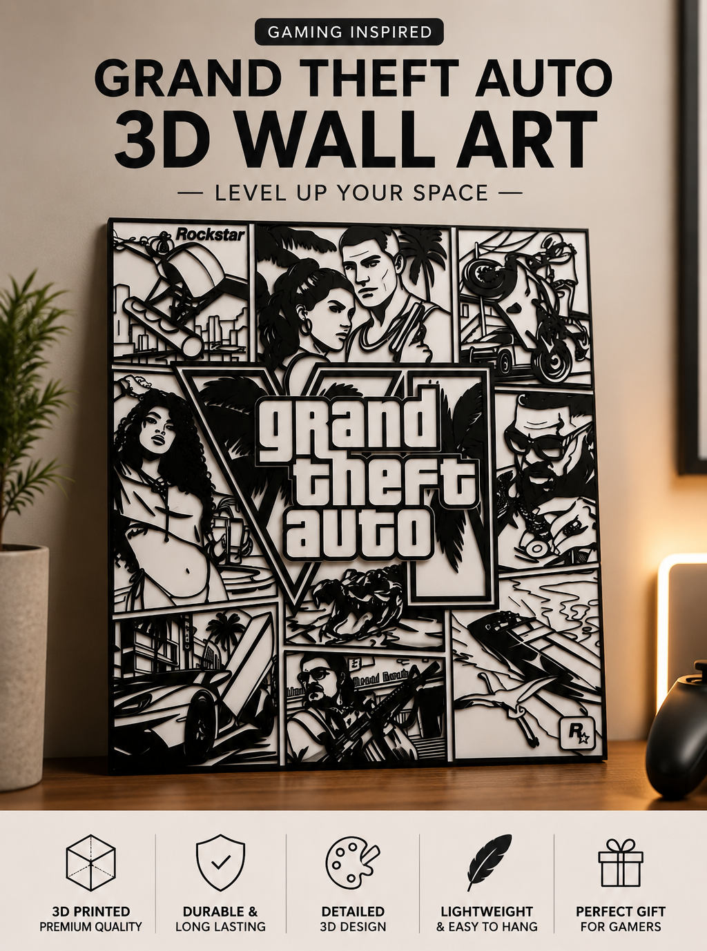 Layers Monk GTA Inspired 3D Printed Wall Art – Gaming Room & Desk Decor